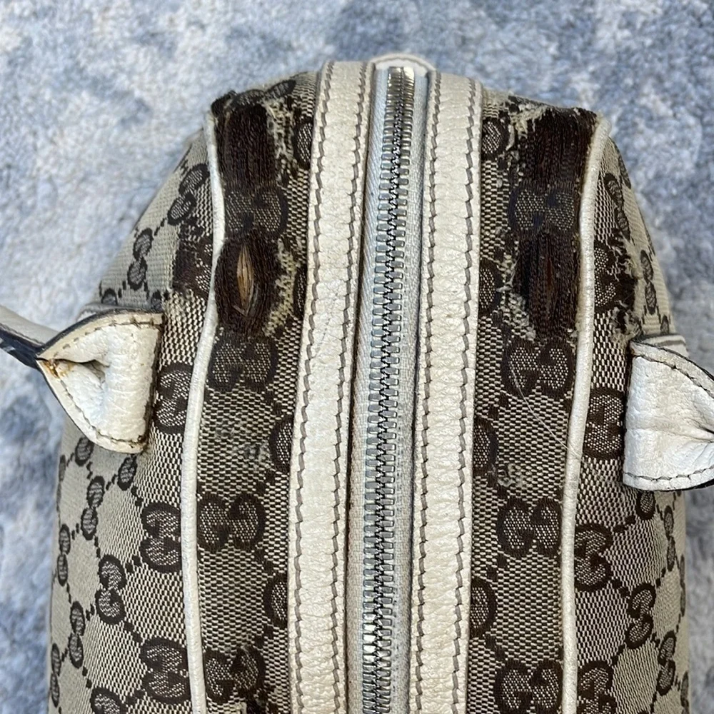 Vintage Gucci Princy GG Monogram Logo Sherry Line Web Shoulder Bag Tan Ivory